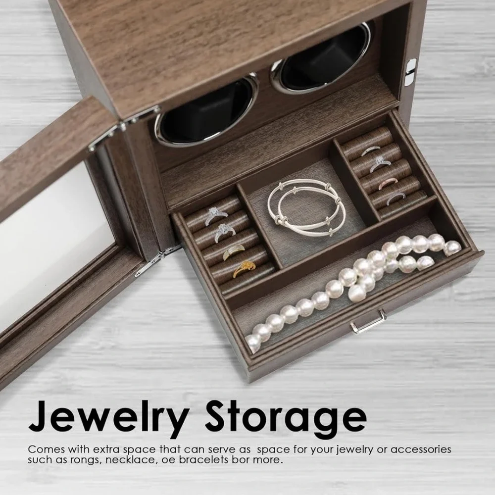 Double Automatic Watch Winder Jewelry Box Walnut Wood Rechargeable Dual Rotator‎